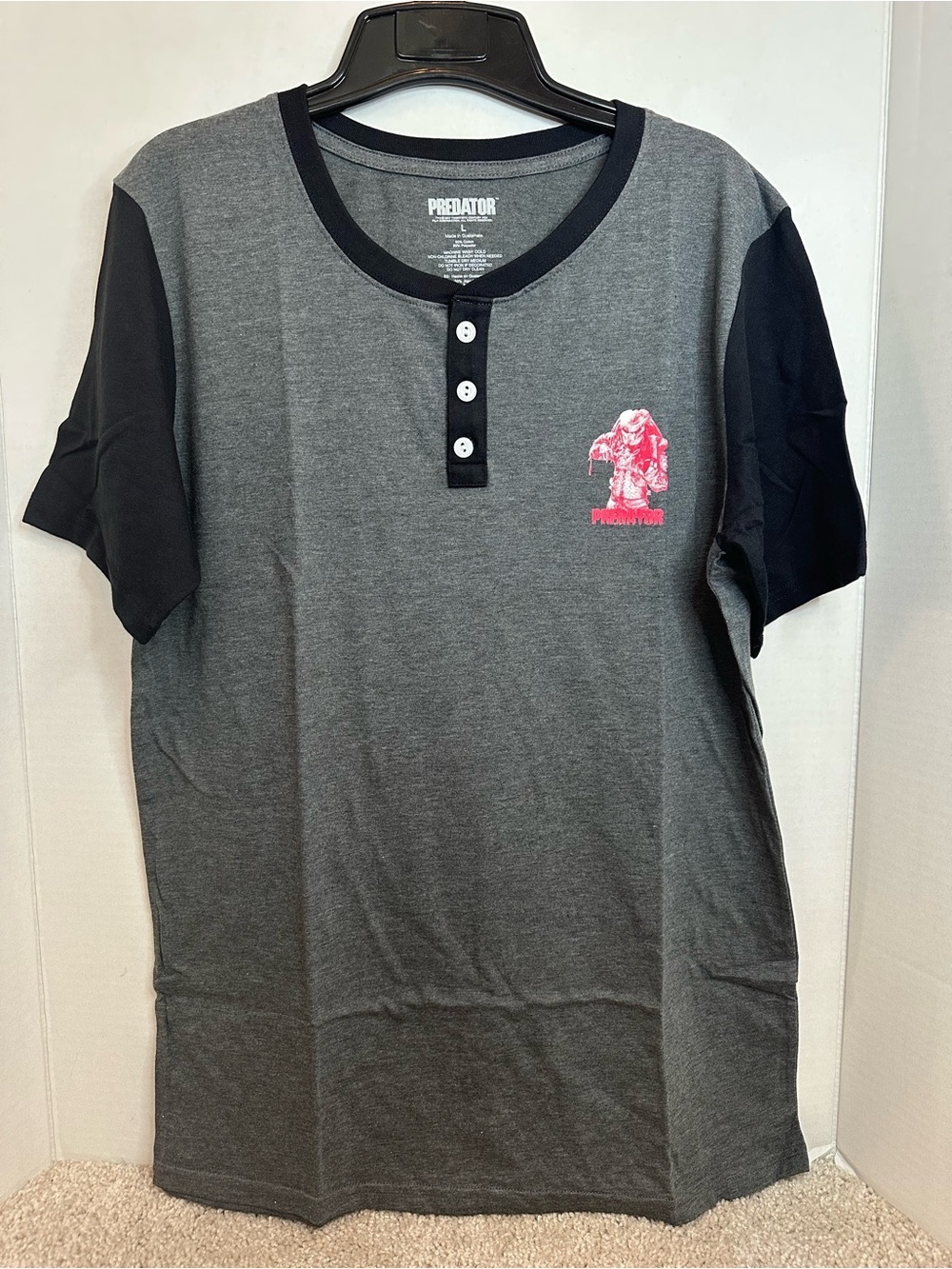 New Predator Men’s Charcoal & Black Henley with Red Chest Logo, size Large